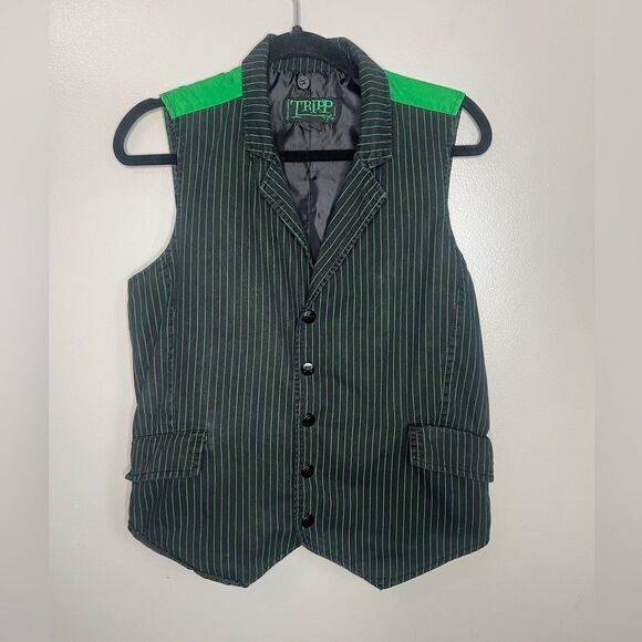 Y2K Tripp NYC black green pin striped men’s vest size small skull buttons goth - Picture 1 of 8